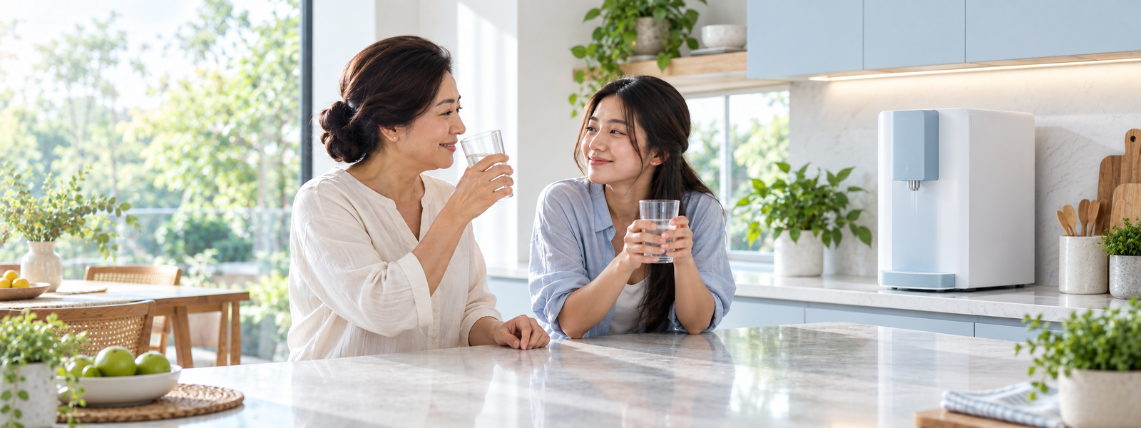 Illustrative family scene in a bright Malaysian home kitchen